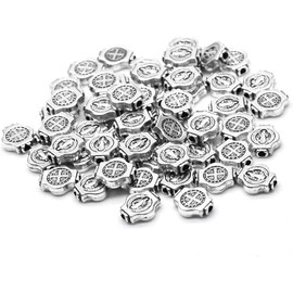 Labriciyon 50Pcs Ancient Silver Saint Benedict Medal Round Loose Bead Jewelry Religious Jewelry Accessories, 0.39in
