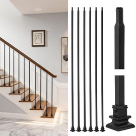 WICHEMI 20 Pack Balusters for Staircase Interior, 44" x1/2" Stair Spindles Iron Black, Square Straight Wrought Iron with Baluster Plate Shoes