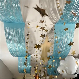 QFSH 2Pcs Metallic Foil Ceiling Fringe Curtains (Blue)