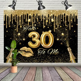 Wollmix 7x5ft 30th Birthday Backdrop Talk 30 to Me Golden and Black Background Lip Champagne Abstract Gilding Photography for Adults Woman or Man Bday Party Decoration Photo Booth Props Banner