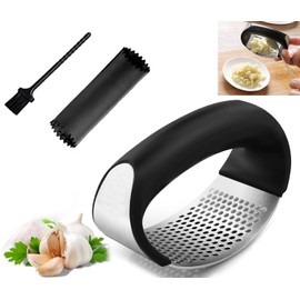 Prensa de Ajo,Trituradora de Jengibre y Pelador de Ajos, Exprimidor de Ajos Profesional Acero Inoxidable Manual Herramienta de Cocina，con Pelador de ajos de silicona y cepillo para limpieza (negro)
