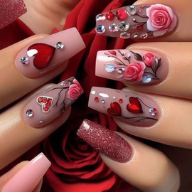 24Pcs Pink Press on Nails Valentines Fake Nails Heart Flower Stick on Nails Cute False Nails with Rhinestone Design Medium Square Acrylic Press on Nails Valentines Day Glue on Nails for Women