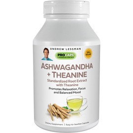 ANDREW LESSMAN Ashwagandha + Theanine 180 Capsules - Standardized Extract. Promotes Relaxation, Focus and Balanced Mood. Small Easy to Swallow Capsules