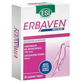 ESI - Erbaven Retard, Integratore Alimentare a Base di Vite Rossa, Rutina e Rusco, Favorisce la Funzionalità del Microcircolo e la Circolazione Venosa, Senza Glutine e Vegano, 30 Ovalette Retard