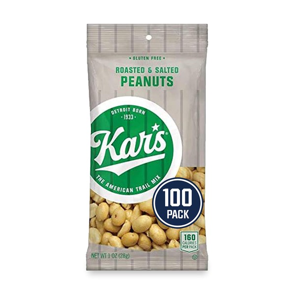 Kar's Nuts Roasted N' Salted Peanuts Snacks - Gluten Free, Bulk Pack of 1 oz Individual Single Serve Bags (Pack of 100)