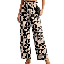 IWOLLENCE Women's Wide Leg Pants with Pockets High Waist Adjustable Knot Loose Casual Trousers Business Work Casual Pants Apricot Geometry Medium