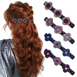 Kiiwah Pack of 4 Braided Hair Clips, Double Layer Hair Clip, Glittering Crystal Stone Hair Clips, Girls Hair Clip with Crystal Flower, Hummingbird for Women and Girls