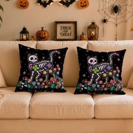 Skull Cat Day of The Dead Throw Pillow Covers Home Decor 16x16In