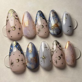 EYZOTSF Press on Almond Nails Medium Length Glossy Full Cover Acrylic Almond Shaped False Nails with Designs Artificial Fake Nail with Charms Glue Stick ons Fingernails for Women Girls(W1985)