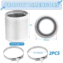 ComPDCVD White Exhaust Hose 150 mm Length 3 m PVC Flexible Aluminium Pipe Hose Aluminium Flexible Hose with 2 Hose Clips Stainless Steel for Air Conditioning Mobile Air Conditioning Tumble Dryer
