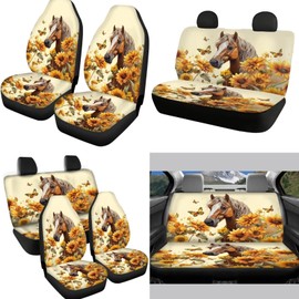 FUIBENG 12pcs Auto Interior Set - Sunflower Butterfly Horse Car Seat Cover, Coaster, Sunflower Keychain, 15 Inch Steering Wheel Cover, Seatbelt Pad for Men Women Car Decor Accessory