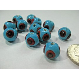 2 MURANO Glass Beads Turquoise Blue 10 mm - 7/16 in w Red Flower motifs