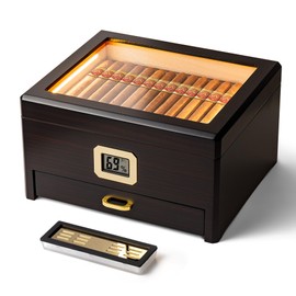 Woodronic Cigar Humidor with LED Light System and Accessory Storage Drawer, Spanish Cedar Wood Cigar Box for 50 Cigars with Digital Hygrometer, Humidifier, Gift for Men