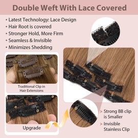Silk-co Clip in Hair Extensions Real Human Hair Extension Double Weft With Lace Coverd Clip in Silky Straight 100% Natural Very Thin Highlight efffect for Women 6PCS 6Clip 10Inch #06 Light Brown 31g
