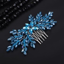 Teyglen Blue Crystal Rhinestone Beads Hair Comb Rhinestone Wedding Hair Side Comb Bridal Crystal Hair Piece Hair Accessories Flower Headpiece for Women Girls(Blue)