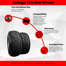 Antego Tire & Wheel (Set of 2) 15x6.00-6 Tire and Wheel Assemblies, ATW-001, 4 Ply Turf Tires, .75" Precision Ball Bearings, Poulan/Husqvarna Mower Front Tires, and Honda Lawn Mower Tires 15x6.00-6