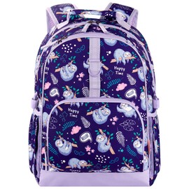 Choco Mocha Sloth Backpack for Girls, Elementary School Backpack for Girls Ages 6-8 Kids Kindergarten Backpack Large Bookbag 18 Inch with Chest Strap, Purple