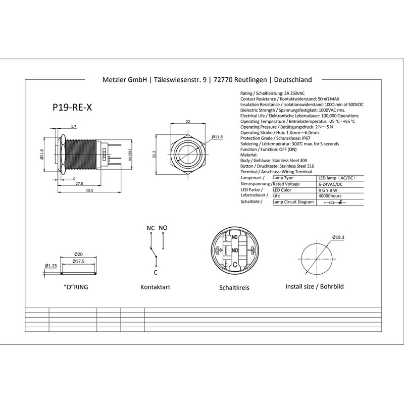 Metzler - Pressure switch 19mm - LED ring lighting green
