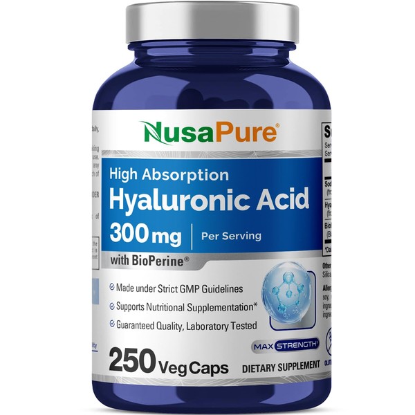 NusaPure Hyaluronic Acid 300mg 250 Veggie Capsules (Non-GMO, Gluten Free)