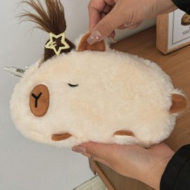 Cute Novelty Funny Calm Down Flying Hairs Capybara Soft Stuffed Surface Fluffy Clothes Zipper Pencil Box Pencil Case Pencil Storage Holder Pouch Pen Bag (White)