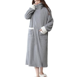 Daiwor Kout Zippered Robes for Women Winter Warm Fluffy Robes with zipper front Thick Cozy Fuzzy Housecoat with Pockets Grey Large