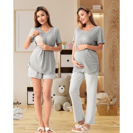 Rnxrbb 3 Piece Women's Maternity Nursing Pajamas Set V Neck Breastfeeding Pjs Sleepwear Postpartum Shorts&Pants Pockets,Light Gray Stripe L