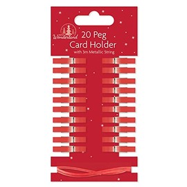 Quickdraw 20 Wooden Peg Christmas Card Holders with Metallic String Festive Card Display Decoration (Red)