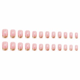 MISUD Short Press on Nails Square Fake Nails Glossy Glue on Nails Gold Chrome Acrylic Nail Supplies Squoval Artificial Nail Art White French Tip Stick on False Nails with Design DIY 24 pcs