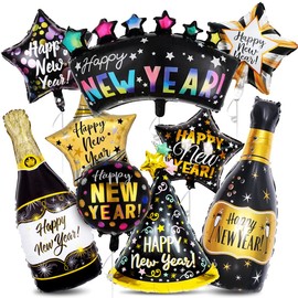 Pack of 9 New Year's Eve 2025 Foil Balloons, New Year Balloons with Champagne Star, XXL Happy New Year Balloons, New Year's Eve Decoration 2025, Black Gold New Year's Eve Party 2025 Decoration, New