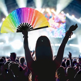 YKuzLx 13‘’ Large Rave Fan for Men Women, Popping Fan for Line Dancing, Decorative Folding Hand Fan for Party, Home Decoration, Gift, Music Festival Essential, EDM Rave Accessories (Rainbow2)