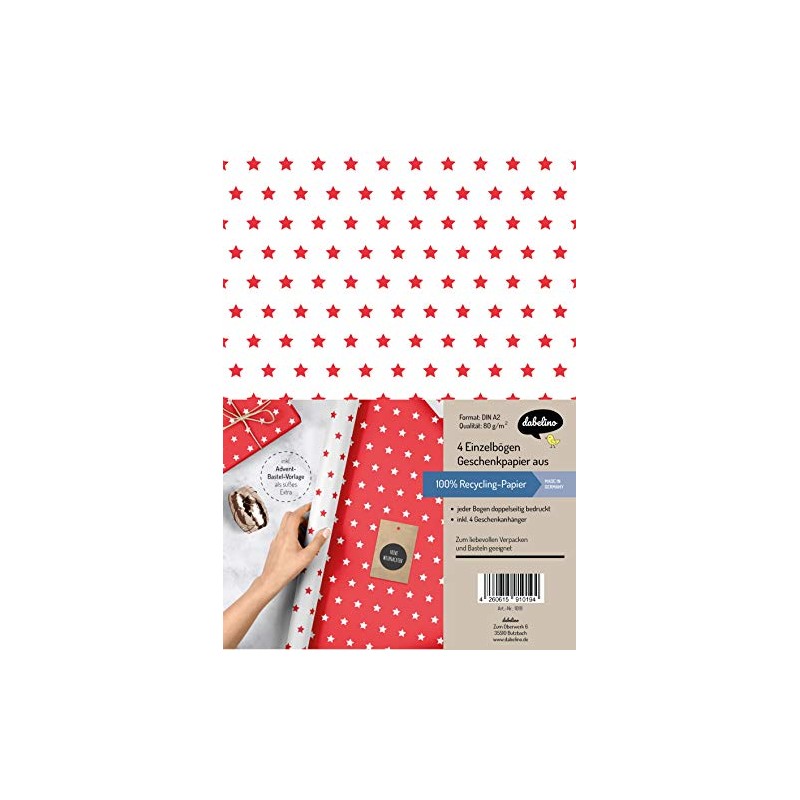 dabelino® Wrapping Paper Set Stars (Red/White): 4x Sheets + 4x