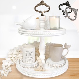 2 Tiered Tray Wooden Serving Stand by Felt Creative Home Goods. Small Shabby Chic Beaded Tray for Home Decor Display Farmhouse Country Decoration Kitchen or Dining. Includes 3 Custom Handles (White)