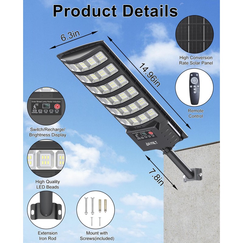 JAYNLT Solar Street Lights, Solar Security Flood Lights, 2 Pack