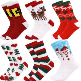 October Elf 6 Pairs Adult Christmas Holiday Socks Warm Winter Cozy Socks Fuzzy Socks With Plus Size And Anti-Slip Bottom (One size, C-15)