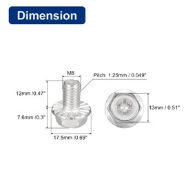 sourcing map Pack of 5 Phillips Hex Flange Bolts M8 x 12 mm 304 Stainless Steel Hexagonal Head Machinery Bolts