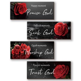 ONIZHITY 4 Pcs Red Bathroom Decor Religious Wall Art Bible Verse Inspirational Red Rose Wall Decor Rustic Flower Wooden Christian Sign for Home Bathroom Office Bedroom Living Room Kitchen(Red 10x4)