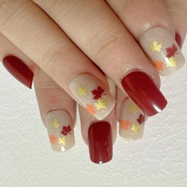 Fall Press on Nails Short with Maple Leaf Glitter Design, Autumn Fake Nails Square Red Acrylic Nails, Shiny Natural Fit Glossy Gel Manicure Stick on Nails with Glue, False Nails Thanksgiving Day Kit