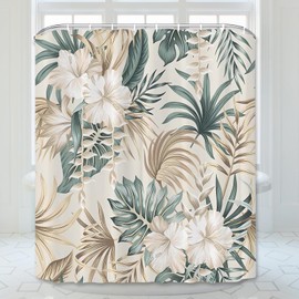 Abaysto Tropical Shower Curtain for Bathroom, Beige Green Palm Tree Leaves Sage Hibiscus Flower Shower Curtains Set with Hooks Retro Bathroom Decor