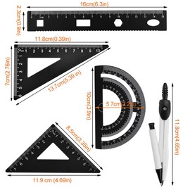 WANTOUTH 5 PCS Geometry Set 4 Pcs Aluminum Metal Scale Ruler Set Triangle Ruler Square Protractor Set Architect Scale Ruler Set + 1 Pcs Professional Compass Maths for Architects Engineers Students