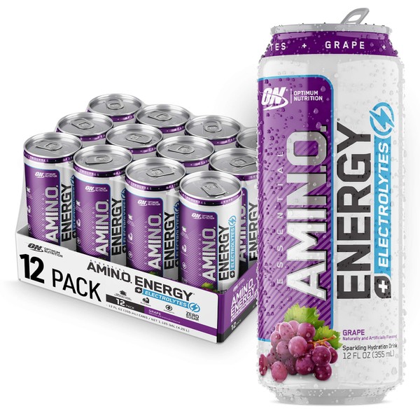 Optimum Nutrition Amino Energy + Electrolytes Sparkling Hydration Drink - Pre Workout, BCAA, Keto Friendly, Energy Powder - Grape, 12 Count