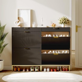 GarveeHome Wave Design Shoe Cabinet with 2 Flip Drawers, a Drawer, Fluted Shoe Cabinet, Modern Narrow Shoe Storage, Wooden Shoe Organizer with Large Capacity, Hidden Shoe Racks for Entryway, Black