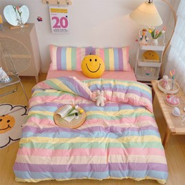 Koudi Colourful Girls' Bed Linen 135 x 200 cm Children's Bed Linen Multicoloured Rainbow Stripes Pattern Duvet Cover Zip with Pillowcase 80 x 80 cm