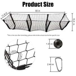 Amiss Heavy Duty Mesh Cargo Net, 3 Pocket Trunk Bed Storage Organizer Compatible for SUV, Car, Pickup Truck Bed, Etc.with 4 Metal Hooks (11.8×11.8×47.3 Inch), Black