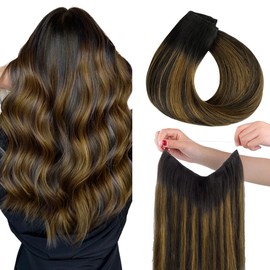 HOTBANANA Wire Hair Extensions, 14 inch 75g Natural Black Mixed Golden Brown Fish Line Hair Extensions Real Human Hair Straight Invisible Wire Hair Extensions Remy Hair Extensions