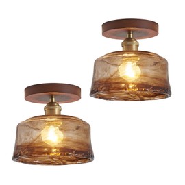 2 Pack Brown Glass Brass Wood Semi Flush Mount Ceiling Light Fixture, Mid-Century Modern Ceiling Lights Fixtures, Small Mini Entry Way Lighting Fixtures Ceilings, Hallway Ceilings Light Fixture