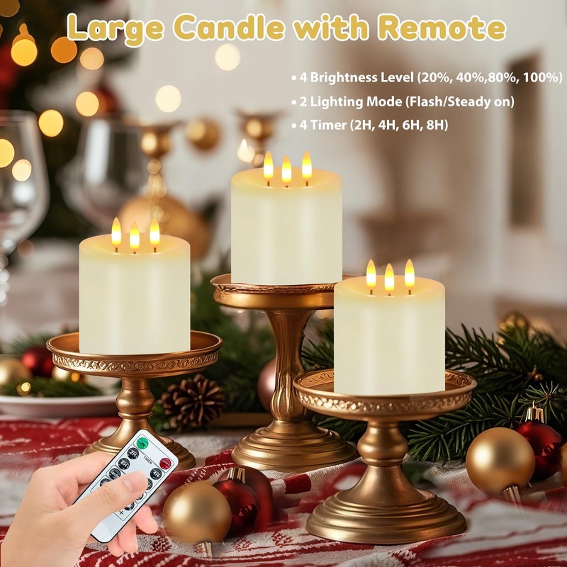 Large 3 Wick Flameless Candles, 4"x4" Flickering Flameless Candles with
