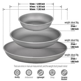 TiTo Titanium Plates Dish Outdoor Camping Tableware Ultralight Round Fruit Dinner Plate for BBQ Home Canteen Hiking Beach Lightweight Picnic Pan Cookware(3Pcs)