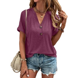 Dimur Summer Shirts for Women Short Sleeve Button Down Neck Tops Dressy Casual Loose Fit Women Clothing Red X-Large