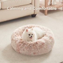 BedStill 23 inches Donut Dog Bed for Small Dogs - Calming Washable Round Puppy Bed with Removable Cover, Fluffy Plush Pet Bed for Cats & Dogs, Fits up to 25 lbs Pets (Brown,Small)