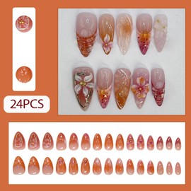 Hrnsnails Nail Press ons, Almond Press On Nails Medium Flowers Fake Nails with Simplicity French Tip Nails 3D Gold Beads Design, Acrylic Artificial False Nails Press On Stick On Nails for Women